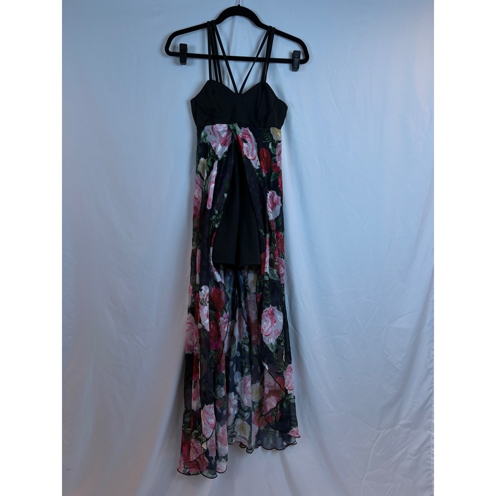 SHEIN Black Floral Rose Maxi Overlay Romper Dress Small Strappy High Low Skort